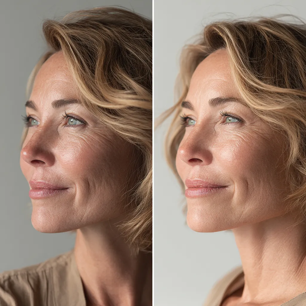 Before and after side profile view showing a visible reduction in crow's feet wrinkles around the eyes following Botox cosmetic treatment.