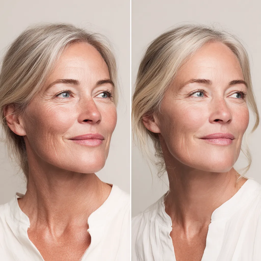 Before and after photo showing restored facial volume with cheek fillers and significant smoothing of nasolabial folds for a refreshed look.