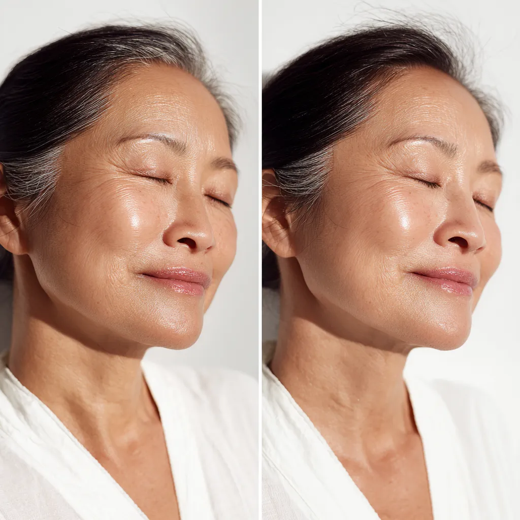 Before and after comparison showing the removal of sun damage and uneven pigmentation, resulting in a brighter, more even skin tone after laser treatment.
