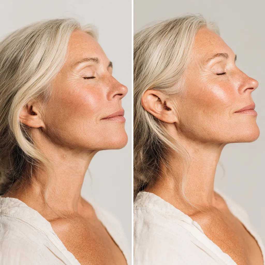 Before and after photo demonstrating smoother skin texture and a reduction in fine lines and wrinkles on the cheek area following laser skin resurfacing.