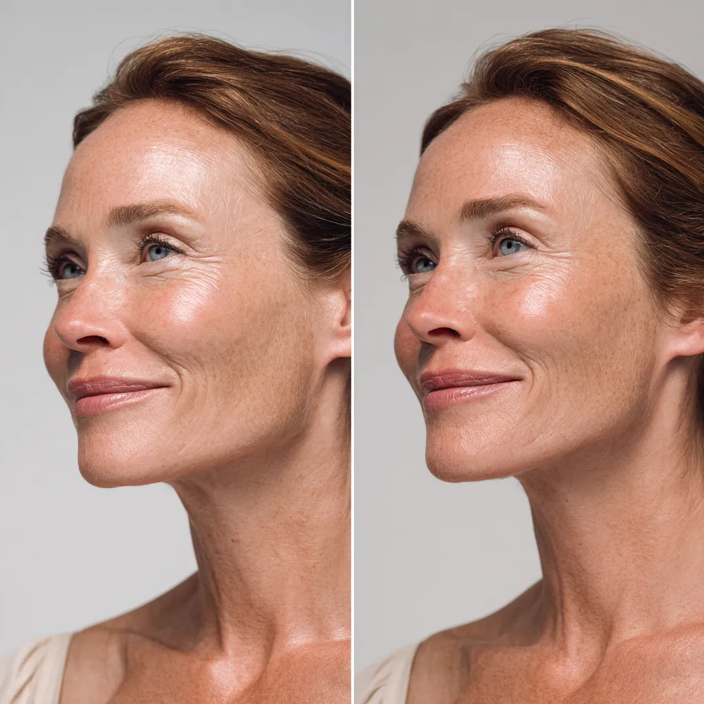 Before and after comparison showing facial tightening, lifting, and reduction of deep wrinkles in mature skin as a result of Morpheus8 radiofrequency microneedling.