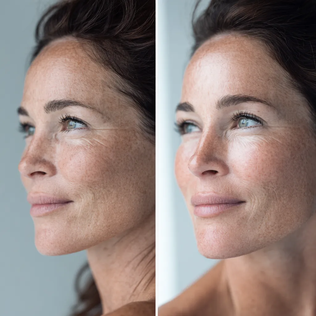Before and after comparison of full facial rejuvenation using dermal fillers to restore lost volume and smooth deep lines in mature skin.