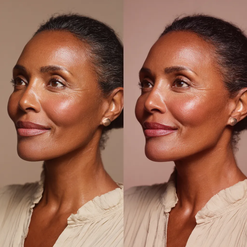Before and after comparison of laser treatment on mature skin, showing improved firmness, clarity, and a reduction in visible signs of aging.