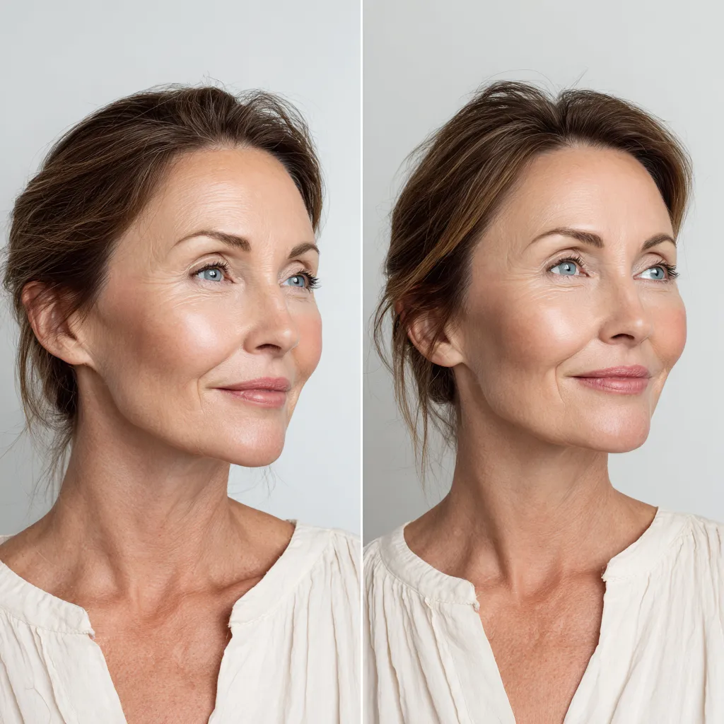 Before and after comparison showing overall facial rejuvenation, including visibly smoother skin and reduced fine lines around the eyes and cheeks.